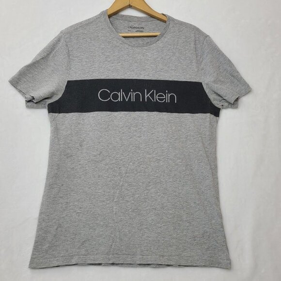 Calvin Klein Logo Box Crew Neck T-Shirt Small Heather Gray Black Stripe - Picture 2 of 8
